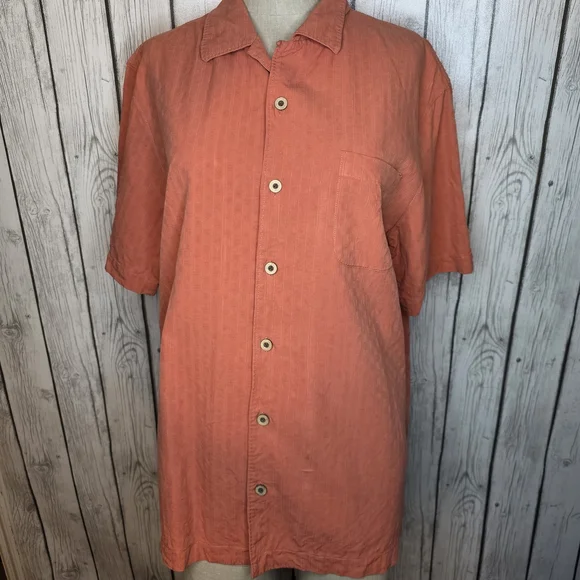 Tommy Bahama 100% Silk Orange Embroidered Pineapple Palm Tree Camp Shirt - M - Picture 3 of 13